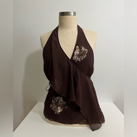 BCBGMaxAzria Wrap Halter Top With Embroidered Sequins